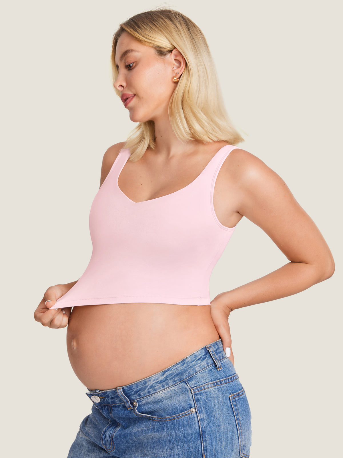 MOMANDA Women's Natrelax® Nursing Crop Tank Top - V Neck Strawberry Pink @model_info:MOM1