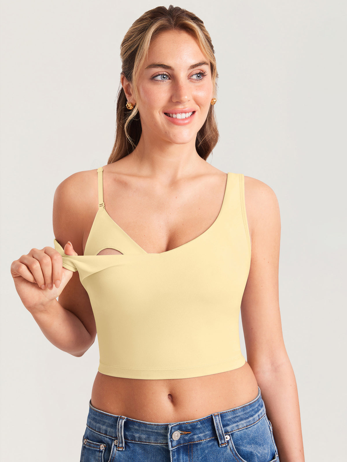 MOMANDA Women's Natrelax® Nursing Crop Tank Top - V Neck Butter @model_info:MOM2