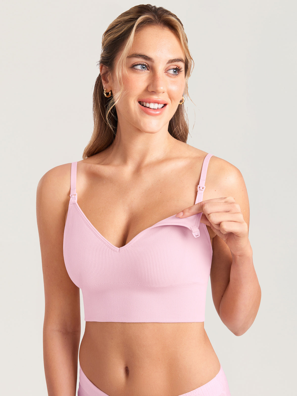 MOMANDA Women's Ribbed V Neck Nursing Bralette Sweet Pink @model_info:MOM1