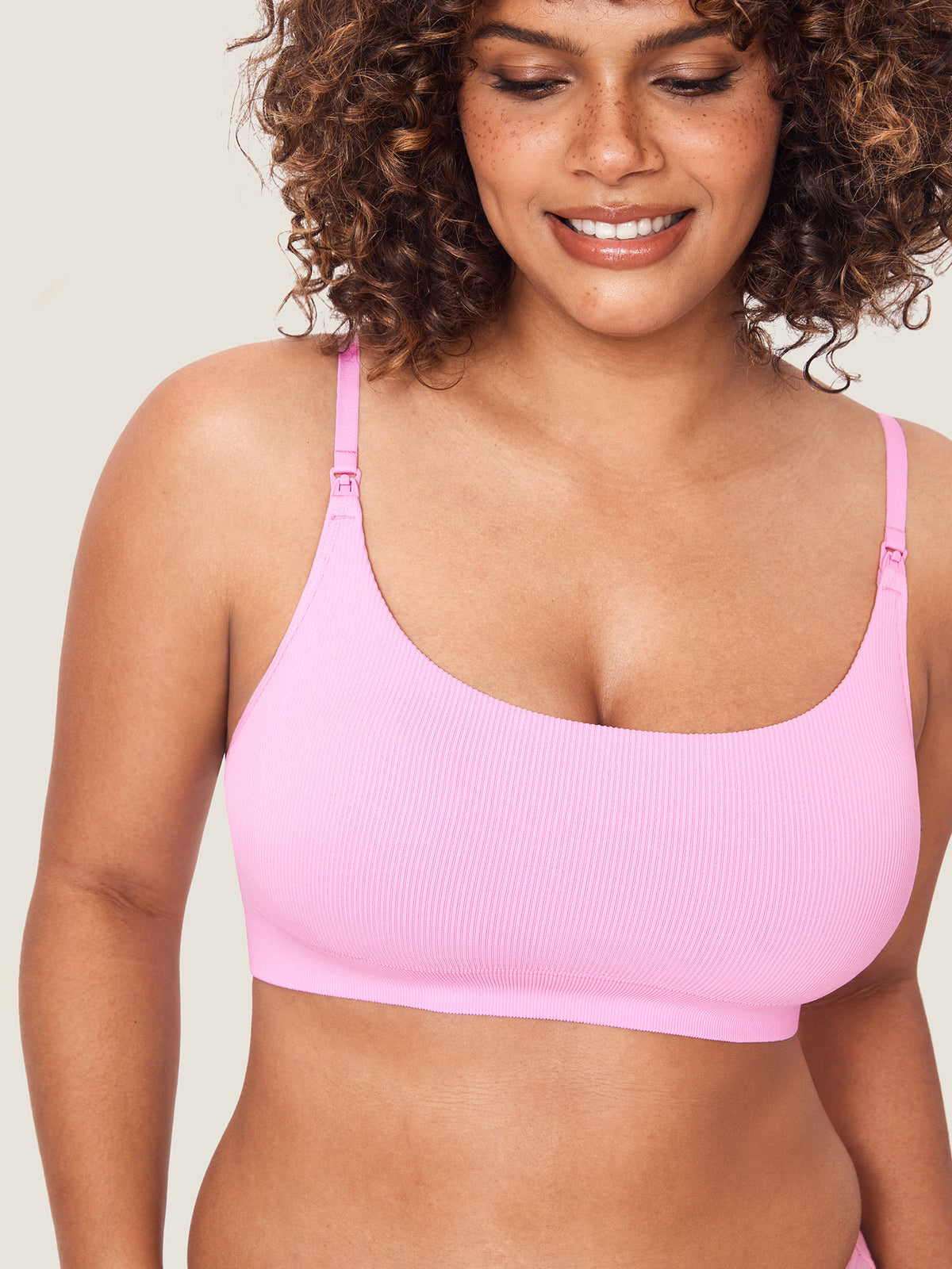 MOMANDA Women's Ribbed Scoop Nursing Bralette Candy Pink @model_info:Nursing