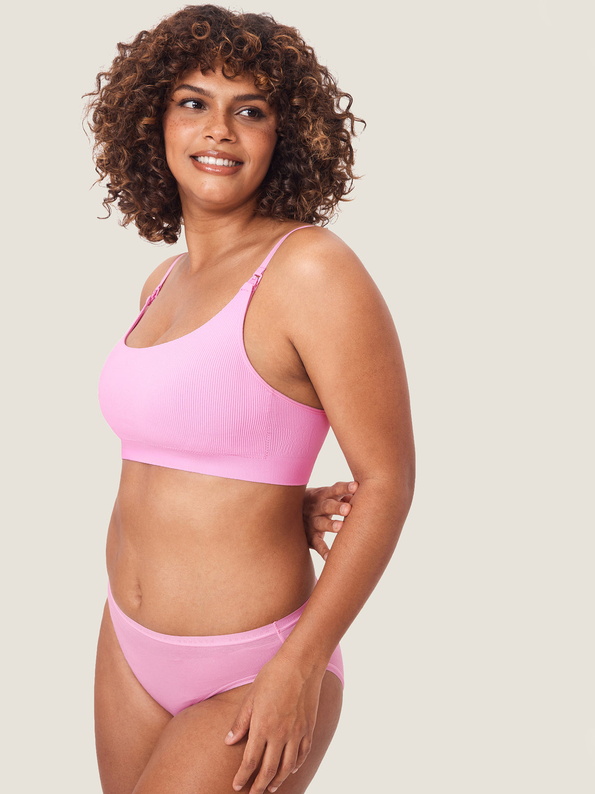 MOMANDA Women's Ribbed Scoop Nursing Bralette Candy Pink @model_info:Nursing