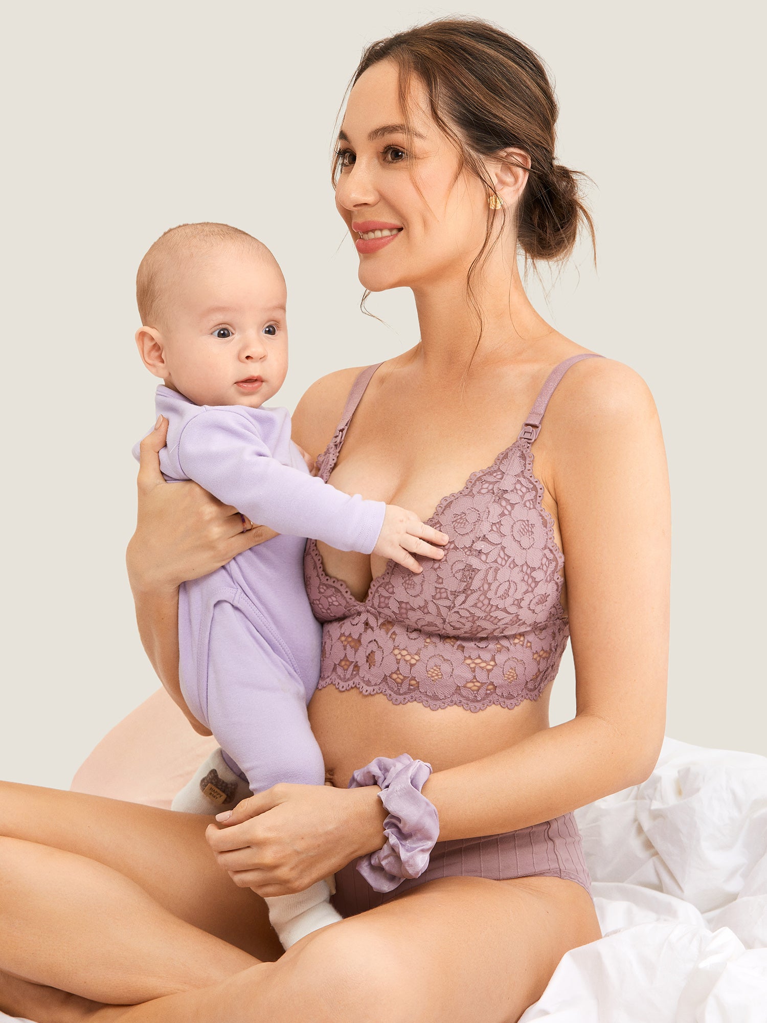 MOMANDA Women's Lace Plunge Nursing Bralette Rose Brown