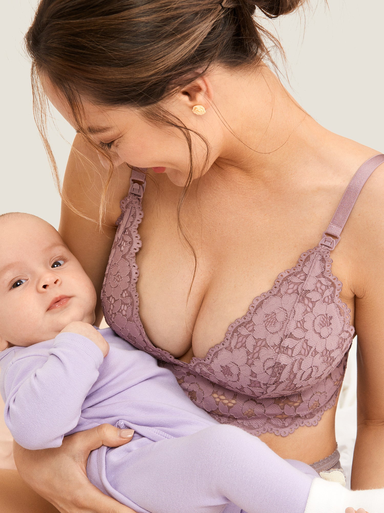 MOMANDA Women's Lace Plunge Nursing Bralette Rose Brown