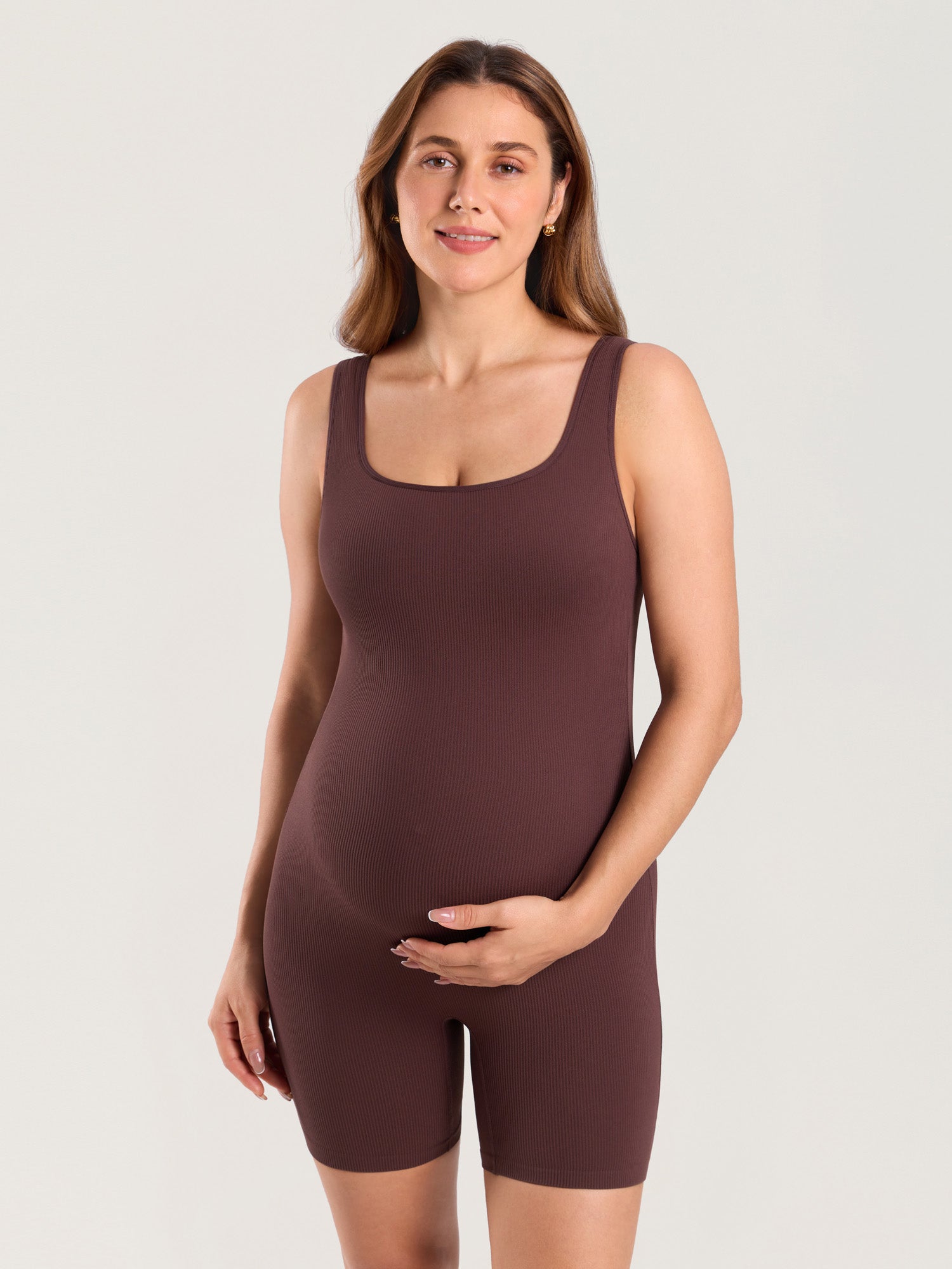 MOMANDA Ribbed Square Neck Maternity Romper Hazelnut