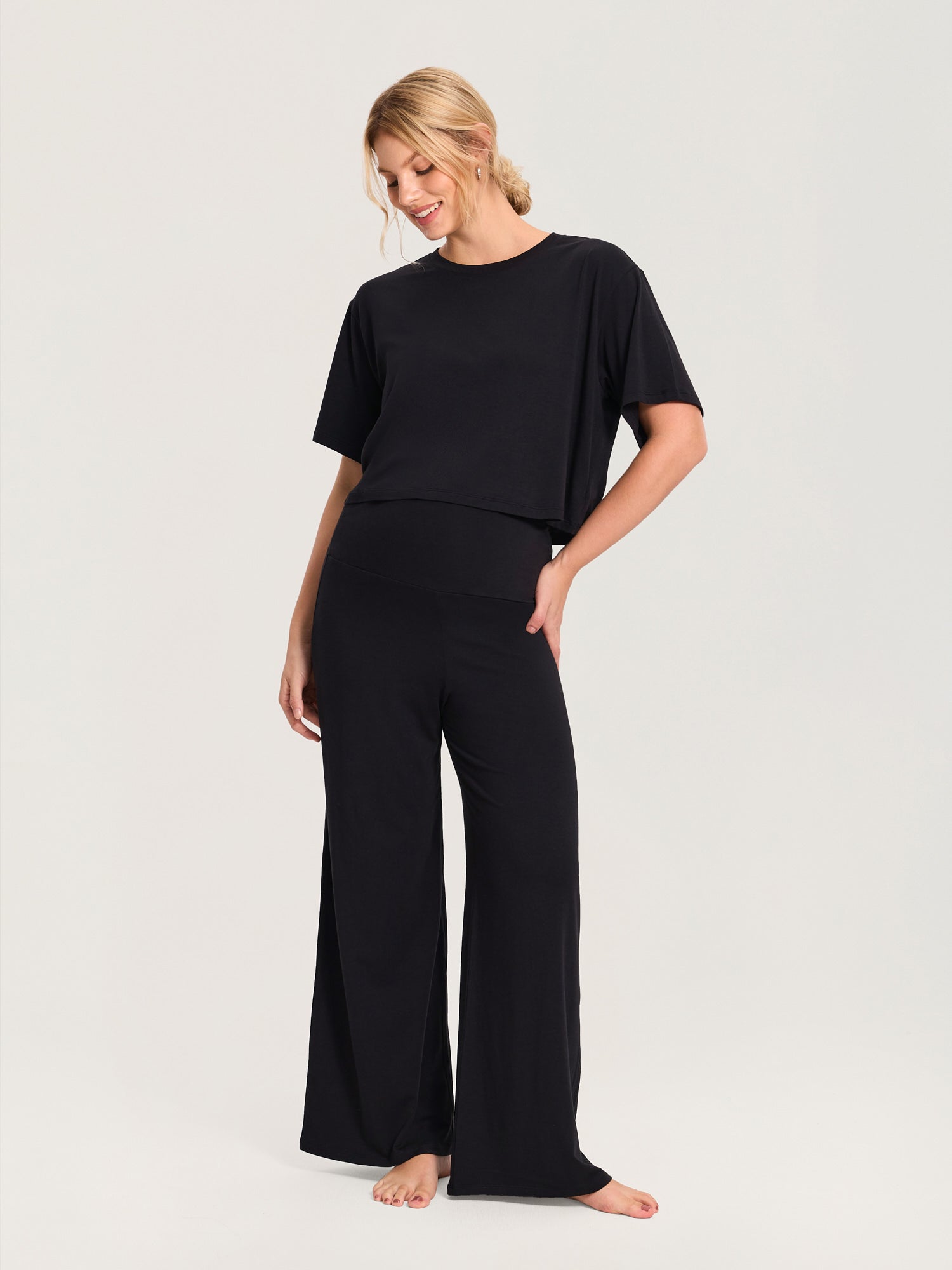 Modal Cotton Foldover Wide-Leg Pants 28.5"