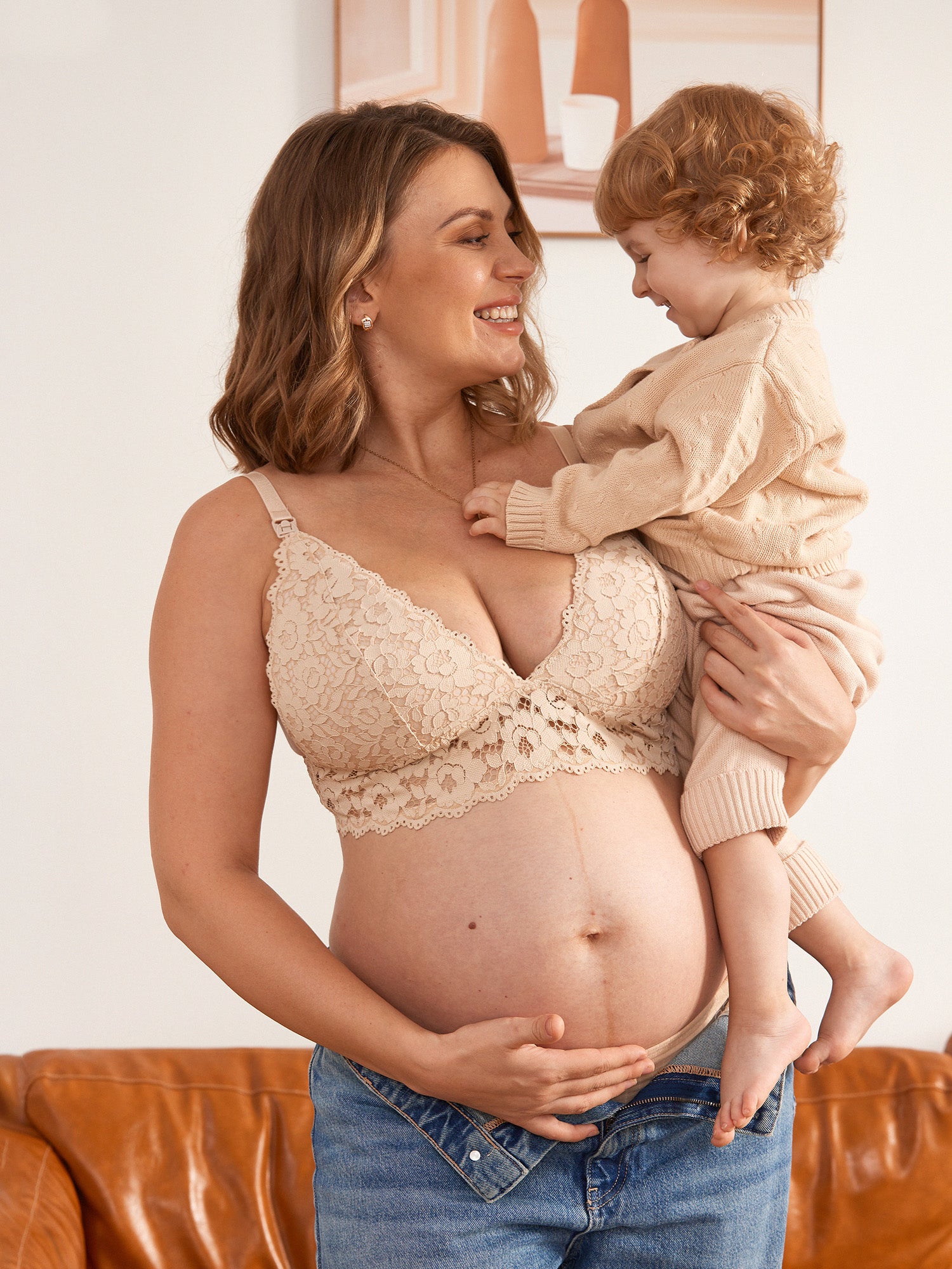 MOMANDA Women's Lace Plunge Nursing Bralette Beige